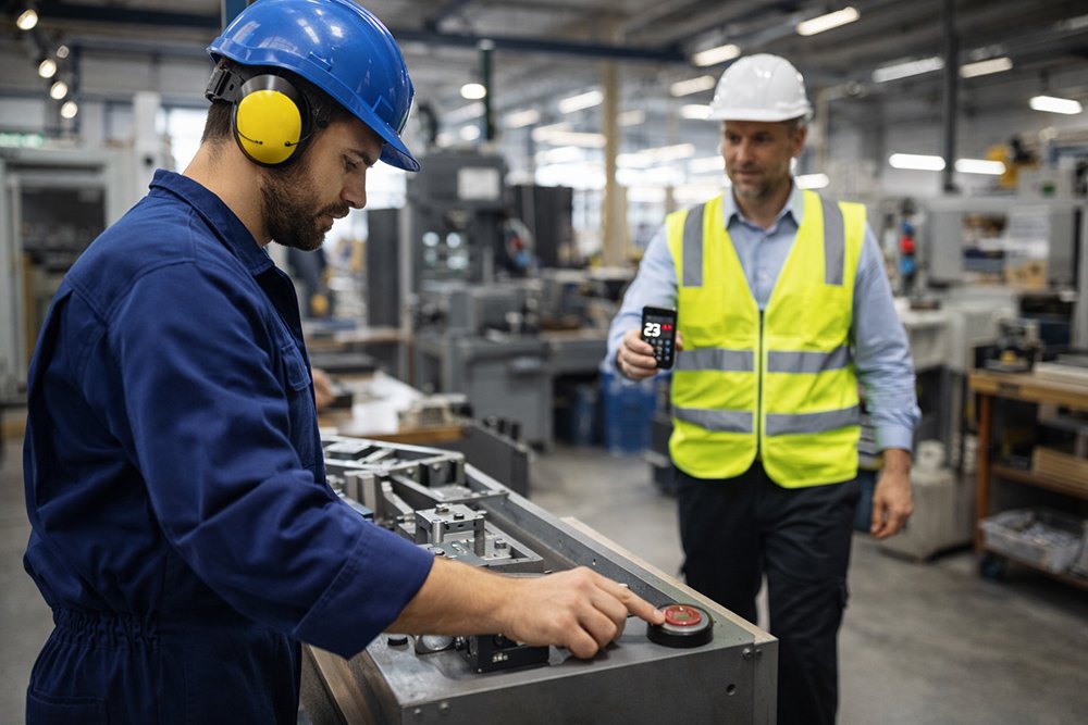 Factory-workers-using-an-RF-wireless-call-system-for-operational-communication