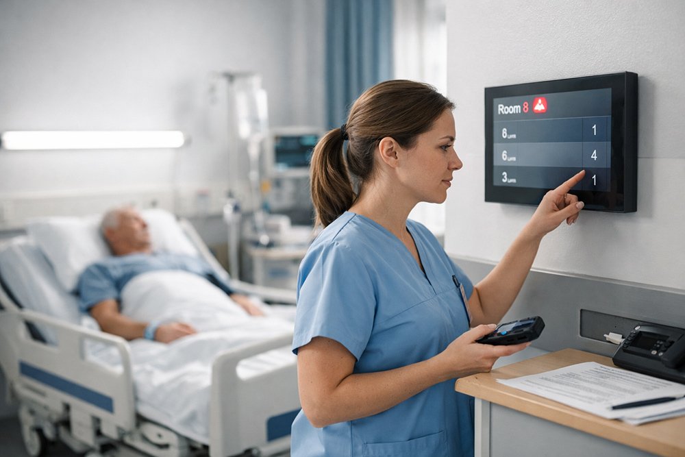 Hospital-nurse-responding-to-an-RF-wireless-call-system-in-a-patient-ward