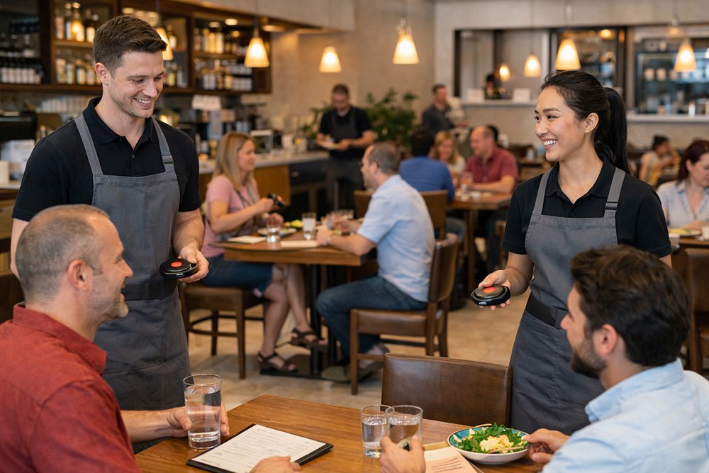 A-busy-restaurant-with-servers-using-pagers-while-attending-to-customers