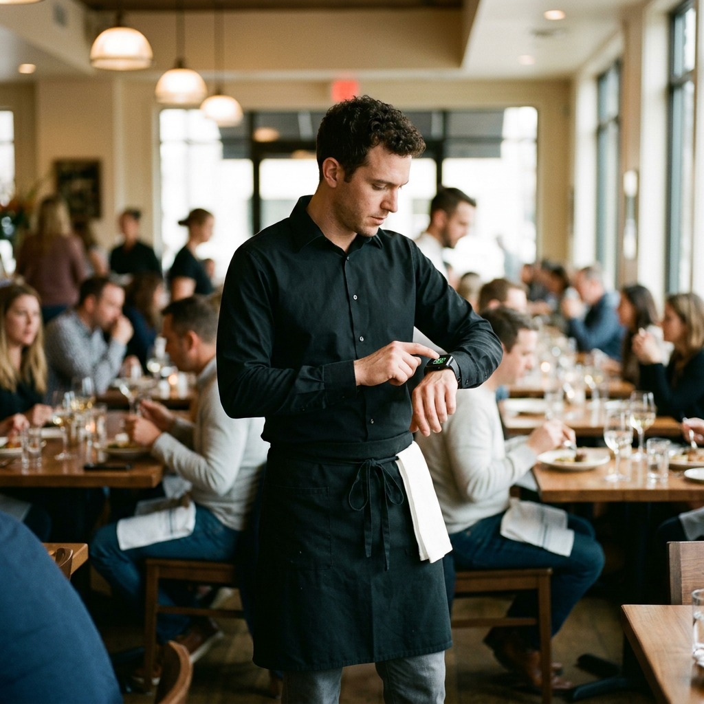 Waiter Using Digital Watch Pager